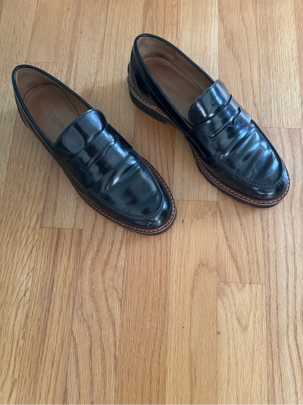 Coach Black Leather Women's Penny Loafers with Lug Sole